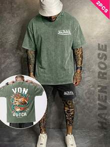 2-Piece Set | Mens Washed Vintage T Shirt And Shorts Set | Summer Street Wear | Tiger Snake Entwined | 100% Cotton,Soft Fabric Comfortable | Perfect For Daily Wear, Outdoor Leisure, Gym Workouts, Running, Back-To-School Season, Father's Day & More Summer Occasions| Daily Gift | Unisex. - Đen + Xanh quân đội - Xem 1