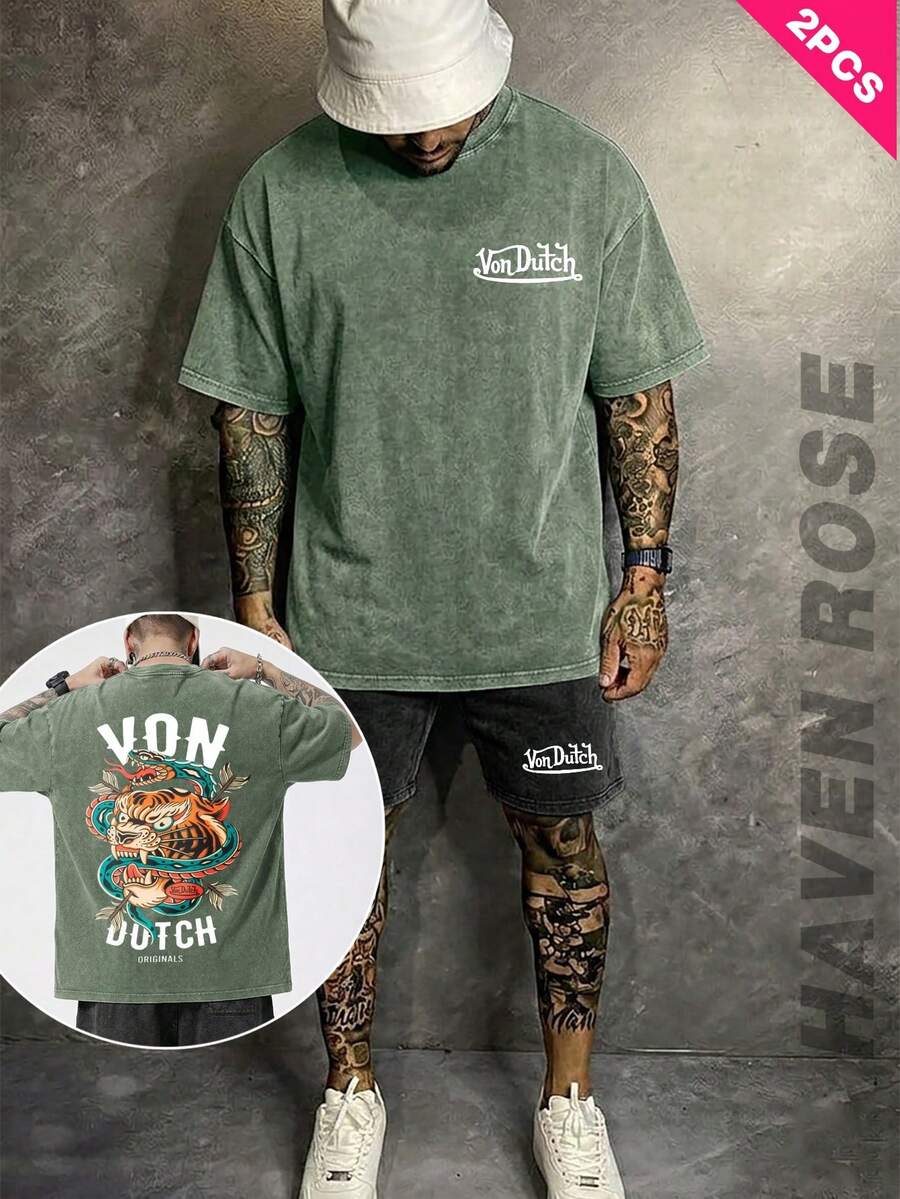 2-Piece Set | Mens Washed Vintage T Shirt And Shorts Set | Summer Street Wear | Tiger Snake Entwined | 100% Cotton,Soft Fabric Comfortable | Perfect For Daily Wear, Outdoor Leisure, Gym Workouts, Running, Back-To-School Season, Father's Day & More Summer Occasions| Daily Gift | Unisex. - Đen + Xanh quân đội - Xem 1