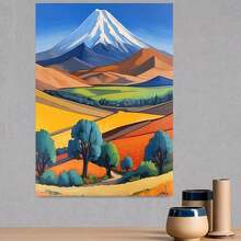 1 pieza, 2D Esta pintura de diamantes sin marco presenta un majestuoso paisaje natural, con montañas gigantes coronadas de nieve contra el cielo, con colinas coloridas y vastos campos en su base, adornado con árboles exuberantes, colores vibrantes y saturados - Enmarcado - Ver 4