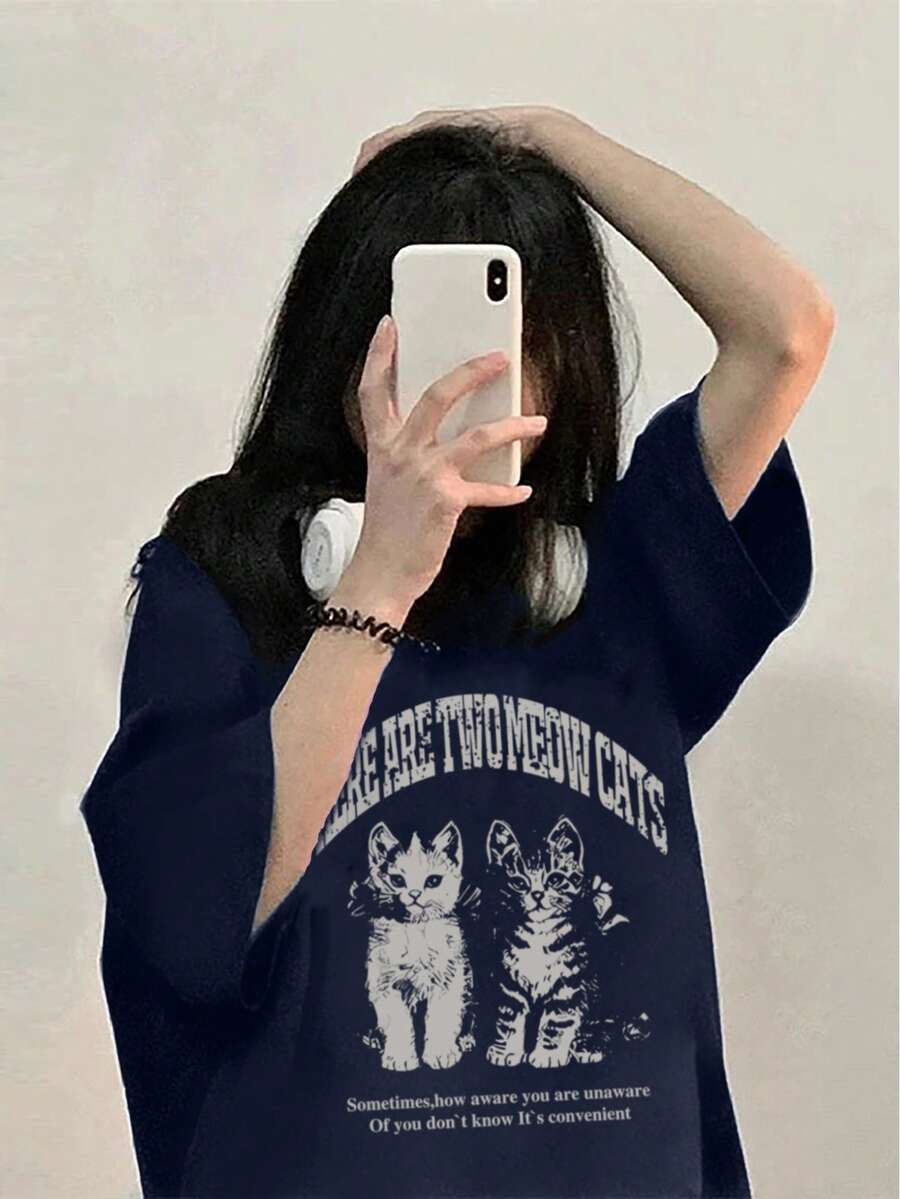 女款圓領寬鬆休閒T恤,可愛貓咪字母印花,適合春夏季 - 藏蓝色 - 查看 1