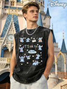 Disney Lilo & Stitch It's Ok To Officially Licensed Men's Sleeveless Graphic Tee, 100% Cotton 230g Washed Vintage Casual Shirt - 黑色 - 查看 3