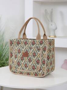 Túi tote vải jacquard họa tiết hoa mới, được làm từ chất liệu vải dày dặn, phù hợp cho việc đi làm và mang theo hàng ngày. Có khóa kéo và túi phía trước, có thể dùng như túi xách tay hoặc túi đựng tã. - Màu Khaki - Xem 2