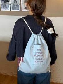 清新可愛女大學生後背包，花卉帆布書包 - 淺藍色 - 查看 6