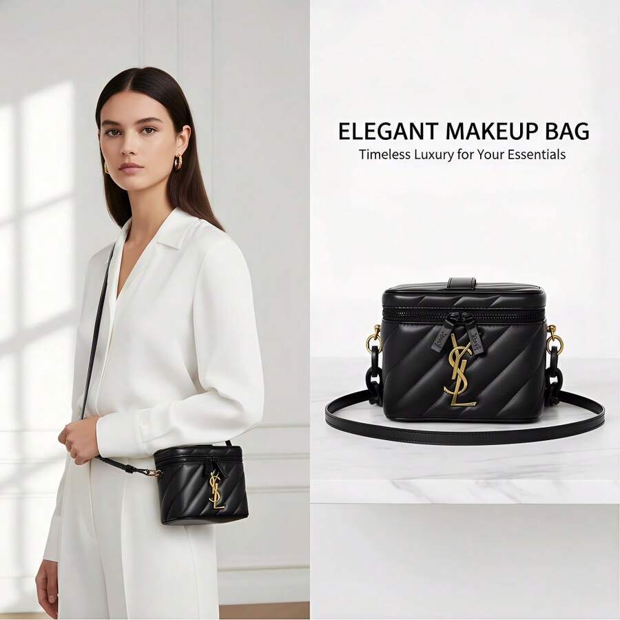 YSL Black Beauty Makeup Box With Mirror – Designer Vanity Case – Authentic Yves Saint Laurent Logo – Interchangeable Resin & Leather Straps – 2 Gold Chains – Cosmetic Organizer For Makeup Storage & Travel - 黑色 - 查看 1