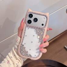 Casing Ponsel Motif Telinga Kucing dengan Hiasan Berlian Imitasi, Kompatibel dengan iPhone 17 Pro Max, 17 New, 16 Pro Max/15 Pro Max, Pelindung Ponsel Mewah dan Elegan, Kompatibel dengan iPhone 14/13 - Berwarna merah muda - View 5