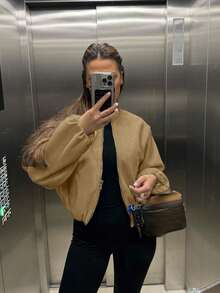 Women's Solid Color Zip-Up Short Jacket With Pockets, Casual Long Sleeve Soft Bomber Jacket, Versatile Minimalist Design For Autumn/Winter - Camel - View 2