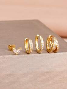 4PCS Round Geometry 18K Gold Plating Hoop Earrings Set For Women Daily Wear Zirconia Leaf Earring Piercing Jewelry Gift - 1-gold-4PCS - View 2