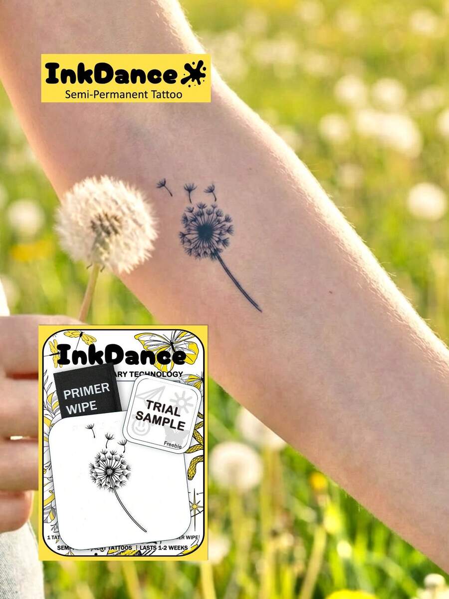 1 Kit "Dandelion" New Technology Tattoo Sticker, Temporary Tattoo, Semi-Permanent, Fake Tattoo, Waterproof & Long-Lasting, Realistic Design, The Monarch's Roar, Plant-Based Formula, Ink Dance Gift Festival Body Art MNF200 - Black - View 1