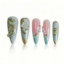 Light Luxury Style Wearable Nail Art Piece Finished Product Light Green Milky White Gradual Change Rose Three-Dimensional Flower Pearl Chain - Yzaso-1186 - Xem 3