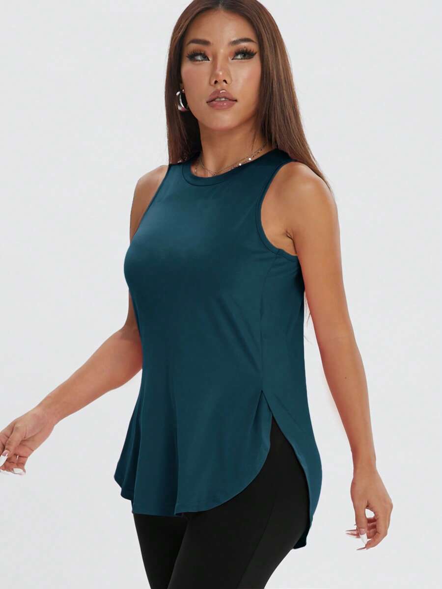 1pc Women Casual Loose Workout Side Slit Solid Color Sleeveless Sports Top T-Shirt, Spring/Summer - 藏蓝色 - 查看 1
