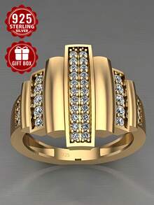 1 pièce Bague en argent sterling 925 avec zircone cubique synthétique, taille 7-13, convient pour un port quotidien, livrée avec boîte cadeau - Doré - Voir 2