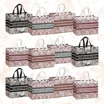 CARRIECUR Large Capacity Reusable Non-Woven Tote Gift Bags, "BEST WISHES FOR YOU" Print Assorted Floral Butterfly Animal Pattern Shopping Bags For Gift Wrapping, Birthday, Wedding, Party Favor, Grocery, Moving Storage