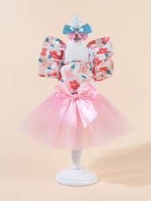 1 Set Plaid Skirt Pet Clothes, Cute Fashion Printed Dress + Bow Tie Pet Costume, Elastic Tulle Princess Pet Dress For Dogs & Cats - Multicolor - View 1