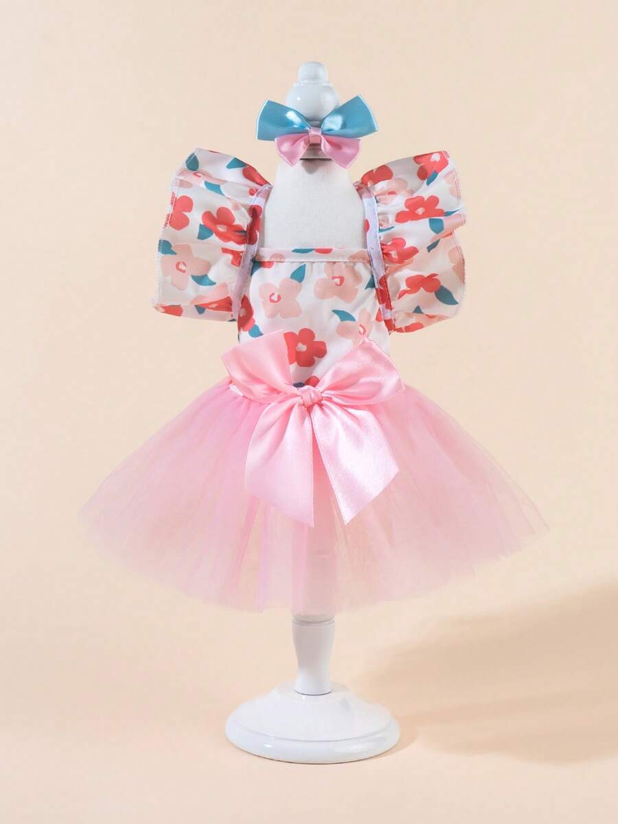 1 Set Plaid Skirt Pet Clothes, Cute Fashion Printed Dress + Bow Tie Pet Costume, Elastic Tulle Princess Pet Dress For Dogs & Cats - Multicolor - View 1