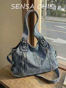 This Stylish Women's Handbag Features Double Handles And A Zip Closure. This Chic And Minimalist Handbag Is Perfect For Work, Dates, And Everyday Use. - Blue - View 6