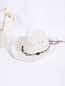 1pc Women's Outdoor Beach Western Hat, Sun-Shading Straw Hat, Bohemian Panama British Gentleman Hat, High-End Suitable For Beach Vacation,Summer - A - View 4