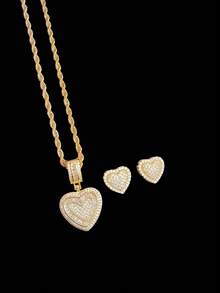 Bộ 2 món: 1 dây chuyền mặt hình trái tim đính đá Cubic Zirconia và 1 đôi bông tai hình trái tim, bộ trang sức thời trang hip hop dành cho nữ, thích hợp đeo hàng ngày hoặc dự tiệc, quà tặng Valentine. - Vàng - Xem 1
