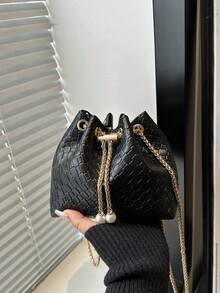 Mini Woven Bucket Drawstring Closure Shoulder Bag, Versatile For Party, Casual, Minimalist Design, Can Be Worn As Crossbody, Shoulder Or Backpack - Black - View 9