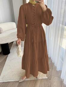 Women's Elegant Solid Color Button Waist Tie Belted Long Sleeve Patchwork Hem Dress, Suitable For Daily Wear, Birthday Party, Formal Evening, Date, Autumn/Winter Spring - Brown - View 3