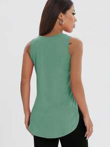 Women's Casual Loose Sleeveless T-Shirt, Comfortable Side Slit Solid Color Workout Top, Spring/Summer Sports - Mint Green - View 3