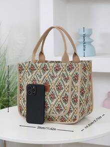 Túi tote vải jacquard họa tiết hoa mới, được làm từ chất liệu vải dày dặn, phù hợp cho việc đi làm và mang theo hàng ngày. Có khóa kéo và túi phía trước, có thể dùng như túi xách tay hoặc túi đựng tã. - Màu Khaki - Xem 3