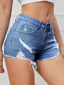 Ripped Raw Trim Denim Shorts Y2k - 中度洗滌 2 - 查看 3