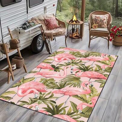 1 adet Pembe Flamingo Ormanda Dekoratif Halı, Baskılı Kamp/Piknik Halısı, Oturma Odası/Yatak Odası Halısı, Yıkanabilir Ev Dekorasyonu