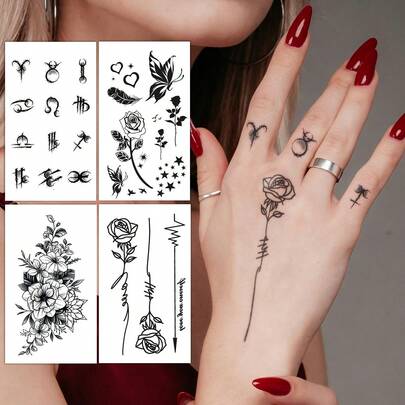 STARTTOOS 4pcs Set Minimalist Black Thin Line Zodiac, Butterfly, Rose, Star Floral Y2K Pattern Temporary Tattoos, Suitable For Fingers, Ears, Shoulders, Neck, Collarbones, Waterproof, Realistic, Gift For Anime Conventions, Carnivals, Music Festivals, Valentine's Day, Parties
