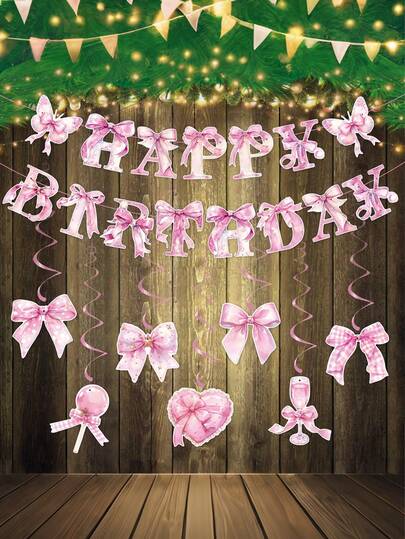1/2 Bow Party Birthday Banner, Suitable For Girls' Birthday Pink Bow Spiral Pendant, Suitable For Happy Birthday Party, Theme Party