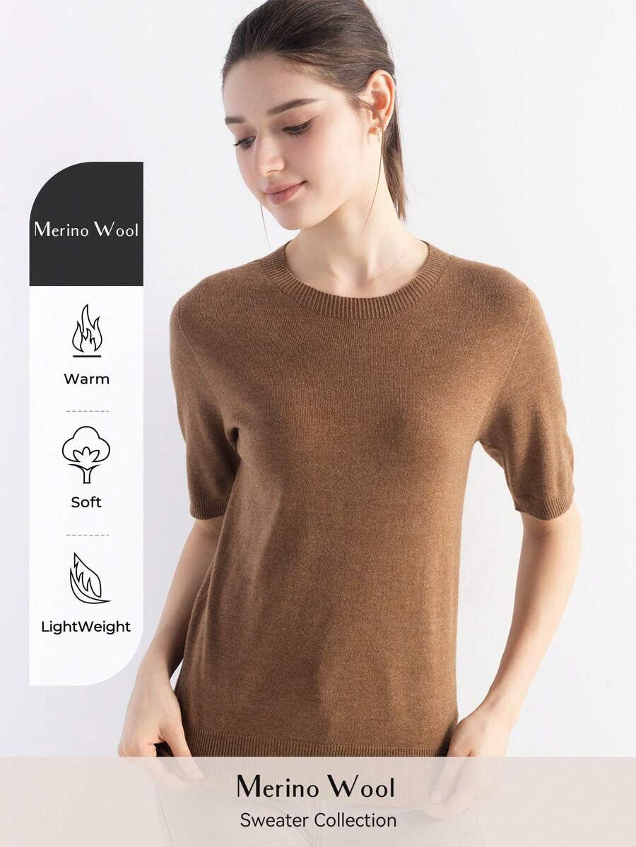 Áo len nữ Merino 2026, trang phục mùa xuân, áo hè cổ tròn tay ngắn, áo dệt kim liền mạch, hàng đầu mùa thu, áo may sẵn. - màu nâu - Xem 1