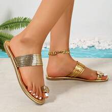 Mẫu mới về: Sandal xỏ ngón màu vàng, giày hở mũi thời trang đa năng kiểu tiên nữ dành cho nữ, thích hợp cho mùa hè. - Vàng kim - Xem 10