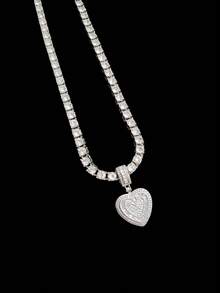 1 mặt dây chuyền hình trái tim đính đá Cubic Zirconia và dây chuyền mắt xích 5mm, mặt dây chuyền phong cách hip-hop retro thời trang unisex, phù hợp để đeo hàng ngày hoặc dự tiệc, quà tặng Valentine. - Bạc - Xem 5