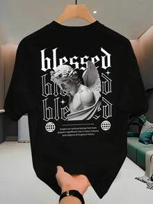 Unisex Streetwear T-Shirt, 100% Cotton, Angel Print (), Premium Casual Style, Spring/Summer - 黑色 - 查看 1
