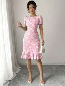 Women.S Elegant Jacquard Fabric Round Neck Puff Sleeve Hem Flounce Mid-Length Slim Dress, Suitable Various Occasions Such As Daily Wear, Cocktails, And Street Style. - Hồng - Xem 7