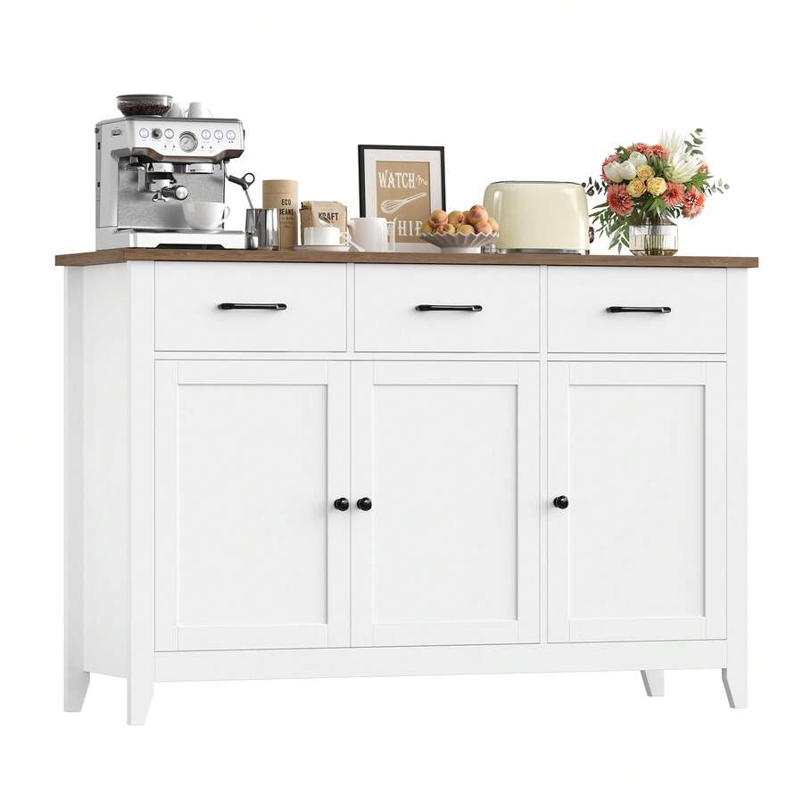 Sideboard, 120cm Wide Kitchen Cabinets With 3 Doors, 3 Drawers & 1 Adjustable Shelf - White - View 1