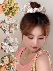 1/4件套复古印花弹力发圈，柔软舒适，日常发饰，女士马尾辫发圈，发绳，发圈，橡皮筋，发绳，节日派对适用 - 彩色 - 查看 1