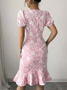 Women.S Elegant Jacquard Fabric Round Neck Puff Sleeve Hem Flounce Mid-Length Slim Dress, Suitable Various Occasions Such As Daily Wear, Cocktails, And Street Style. - Hồng - Xem 3