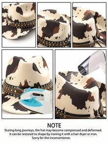 Polyester Cow Print Cowboy Hat - Leather Rivet & Cow Skull Decor, For Riding, Outdoor Travel, Cowboy Party & Daily Wear,Beach,Holiday - B - View 4