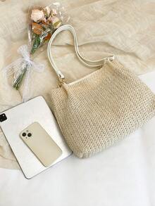 1 Túi xách tote bằng rơm dệt màu be, quai đeo bằng da giả màu trắng và phụ kiện kim loại màu vàng, khóa kéo, dung tích lớn, kiểu dáng Bohemian, thích hợp cho nữ đi làm hàng ngày và đi biển. - trắng - Xem 8