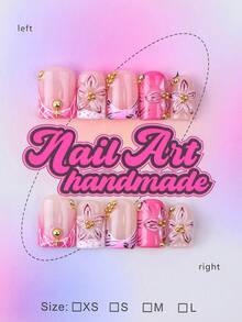Conjunto de 10 unhas postiças quadradas feitas à mão, estilo Y2K Baddie, nas cores nude, rosa e prata, com borda francesa, detalhes esculpidos de flores, rosas, laços, pedras preciosas e estrelas. Perfeitas para festas, casamentos e uso diário. Acompanha kit de ferramentas. Ótimo presente para mulheres e meninas. Unhas postiças feitas à mão. - Rosa - Ver 1