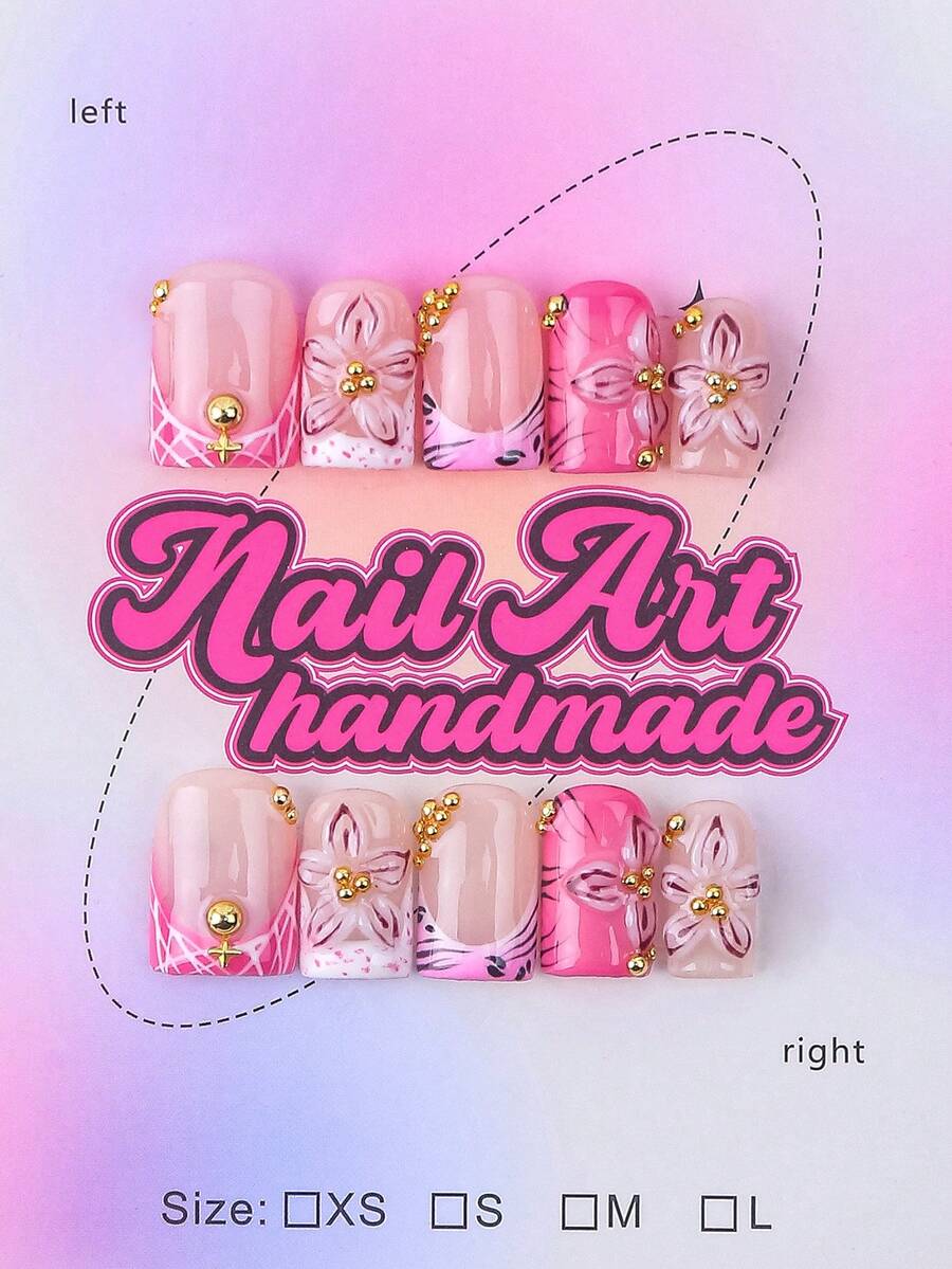 Conjunto de 10 unhas postiças quadradas feitas à mão, estilo Y2K Baddie, nas cores nude, rosa e prata, com borda francesa, detalhes esculpidos de flores, rosas, laços, pedras preciosas e estrelas. Perfeitas para festas, casamentos e uso diário. Acompanha kit de ferramentas. Ótimo presente para mulheres e meninas. Unhas postiças feitas à mão. - Rosa - Ver 1