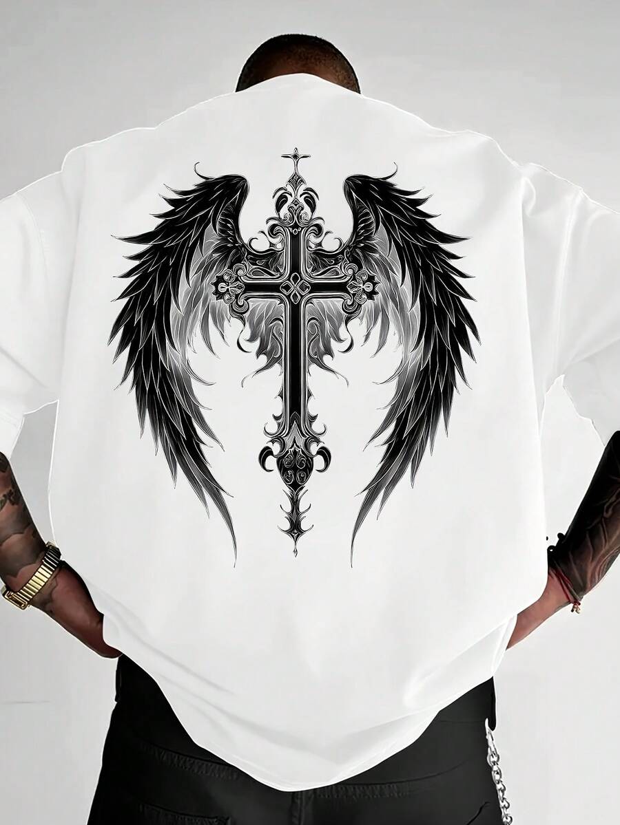 2026 Vintage Gothic Winged Cross Men's T-Shirt - Young And , Round Neck Drop Shoulder Y2K Homme Summer Oversized Solid Color T-Shirt - White - View 1