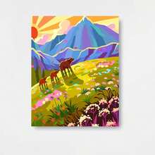 1 pieza, pintura de diamantes 2D con paisaje de pradera montañosa, que muestra varios osos caminando en el césped, rodeados de flores coloridas, con montañas distantes y un sol naciente en el fondo, colores vibrantes y brillantes, ambiente natural - Enmarcado - Ver 1