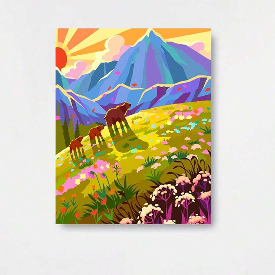 1 pieza, pintura de diamantes 2D con paisaje de pradera montañosa, que muestra varios osos caminando en el césped, rodeados de flores coloridas, con montañas distantes y un sol naciente en el fondo, colores vibrantes y brillantes, ambiente natural - Enmarcado - Ver 1