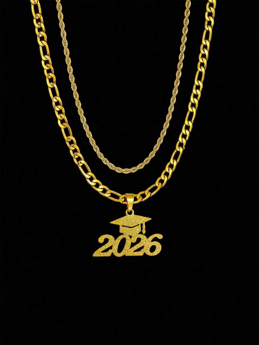 1pc Personalized Classic Stainless Steel Gold & Silver 2026 Graduation Hat Charm Multi-Layer Chain Necklace Men Women Class Of 2026 Graduation Party Gift Exquisite Graduation Gift For Daughter Son Friends - Multicolor - View 1