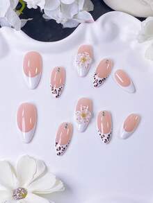 10 móng tay giả hình hạnh nhân thủ công, họa tiết da báo trắng, kiểu móng Pháp, đính kim cương trắng, thiết kế 3D chạm khắc thủ công màu trắng với tâm màu cam. Móng tay giả thời trang cao cấp phù hợp cho phụ nữ đi làm hàng ngày, đi chơi, hẹn hò, dự tiệc và các dịp khác. Dễ dàng đeo và tháo, móng giả dán. - trắng - Xem 4