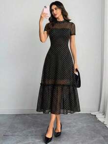 Women's Gothic Elegant Black Base Colorful Floral Print Mesh Round Neck Short Sleeve Waist Cinched Wave Hem Long Dress - Nhiều màu 3 - Xem 1