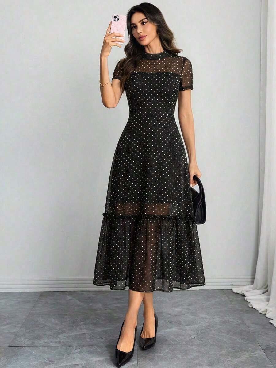 Women's Gothic Elegant Black Base Colorful Floral Print Mesh Round Neck Short Sleeve Waist Cinched Wave Hem Long Dress - Nhiều màu 3 - Xem 1
