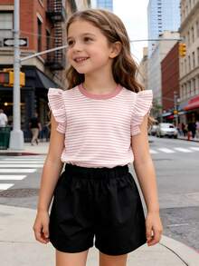 (1 Set) Girls Striped T-Shirt And Solid Color Shorts Set, New Summer Fashion Outfit - Pink - View 5
