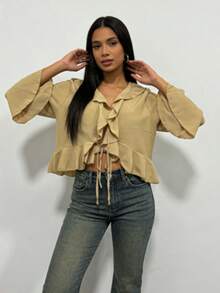 Chiffon Peak And Bell Sleeve Blouse - Beis - Ver 1